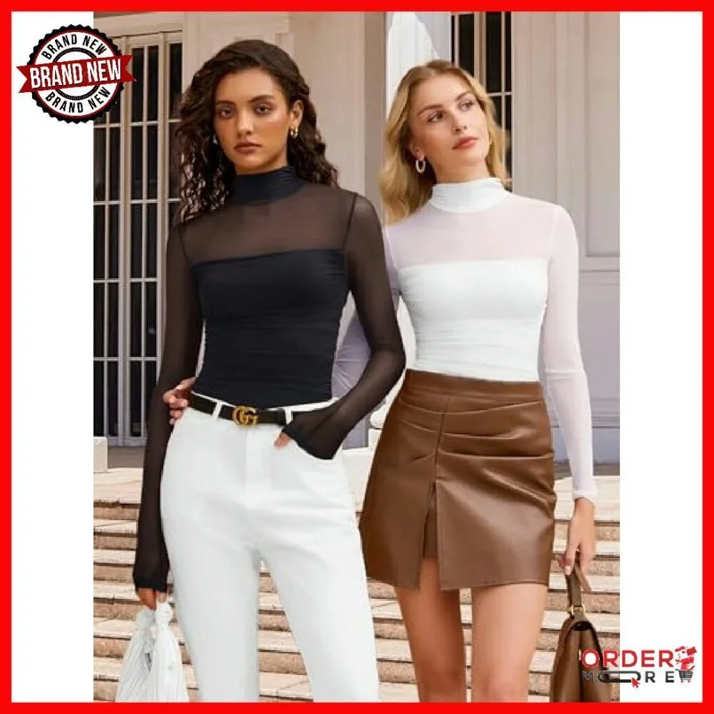 Long Sleeve Mesh Bodysuit Shapewear Turtle Neck Thong Back Snap Closure